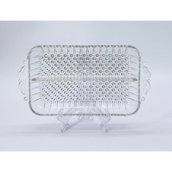 Vintage Anchor Hocking Clear Glass 2-Part Divided Relish Dish With Hobnail & Ray - Picture 2 of 6